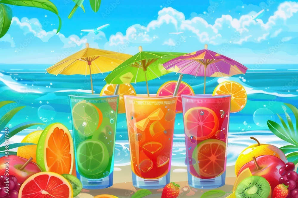 Aufkleber three colorful cocktails garnished with fresh fruit and topped with small umbrellas sit on a beach i