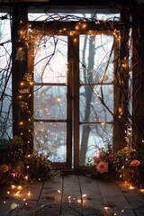 A frame made of intricate branches and vines, adorned with glowing fairy lights and delicate flowers, leading into a clear, mystical portal-like opening surrounded by a soft, ethereal glow. 