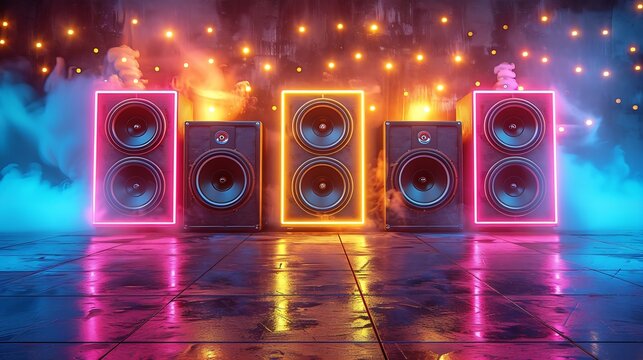 A row of speakers glowing with vibrant neon lights on a tiled floor in a dark smoky setting.