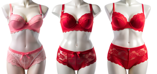 Set of pink and red underwear on a mannequin on a transparent background. Beauty and fashion concept.