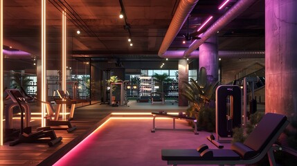 A chic urban gym with fitness equipment and active members