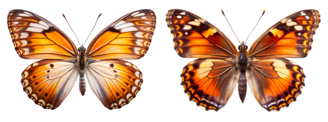 Set of two beautiful bright multicolored tropical butterflies with spread wings on a transparent background. Beautiful insects concept