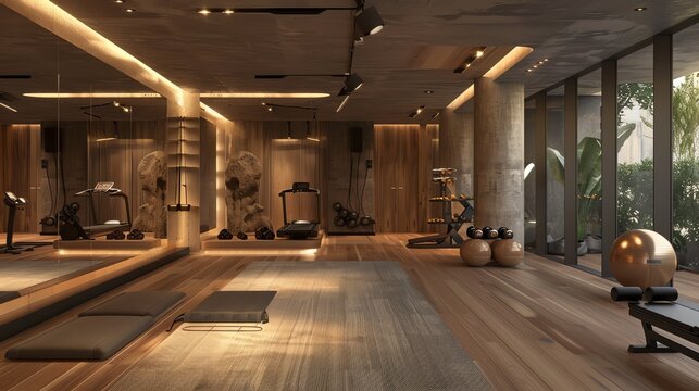 A chic urban gym with fitness equipment and active members