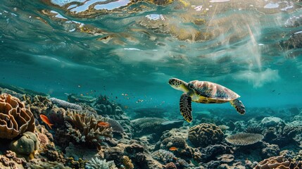 Fototapeta premium A turtle swims in the ocean along a coral reef.