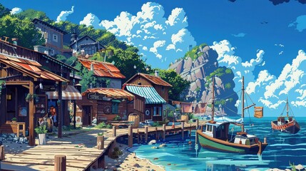 Obraz premium Pixel art fishing village, boats, wooden docks, coastal life