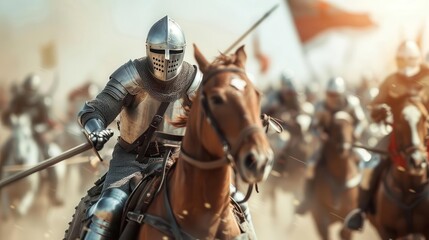 Fototapeta premium Medieval knight in armor on horseback leading a charge during a fierce battle, surrounded by a large army in the background.