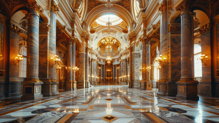 Fototapeta premium A large, ornate room with a marble floor and pillars. The room is filled with potted plants and has a warm, inviting atmosphere
