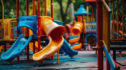 An image of a colorful children playground without children. Creative Banner. Copyspace image -