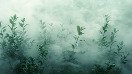  a green plant with distinct leaves in the foreground and a foggy, indistinct sky in the background