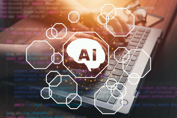 Ai tech,.Woman using the power of Artificial Intelligence on laptop. Chat with AI concept. Using...