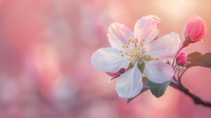 Obraz premium A tight shot of a white and pink bloom on a tree limb, surrounded by an indistinct foreground