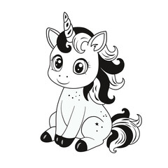 A cute unicorn. A hand-drawn monochrome pony with a horn. The magic horse.