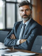 A professional man sits at a desk, arms crossed, focused on his work
