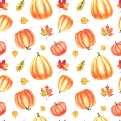 Pumpkins and autumn leaves watercolor illustration hand painted. Seamless pattern of autumn pumpkins in boho style. A template for decoration for Thanksgiving and Halloween.