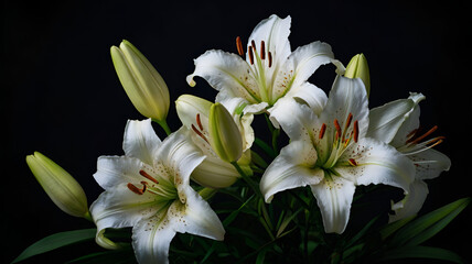 Obraz premium white lily Flowers isolated on black background, closeup photo