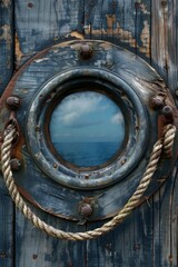 Pirate Ship Porthole with a frame of weathered wood, barnacles, and nautical ropes. The center is a blank view through a ship's porthole, revealing a vast, open sea.