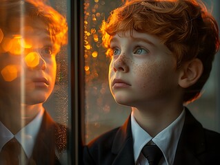 A young boy with red hair and freckles looks out a window with a thoughtful expression.