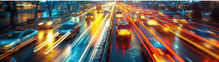 Busy Urban Street at Night with Colorful Light Trails from Moving Cars and Reflections on Wet Road