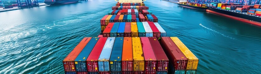 Fototapeta premium Aerial View of Colorful Shipping Containers on Cargo Ship in Busy Industrial Port with Blue Water