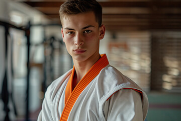 Fototapeta premium A Young Man's Determined Gaze in a White Kimono, Ready for a Sambo Training Session