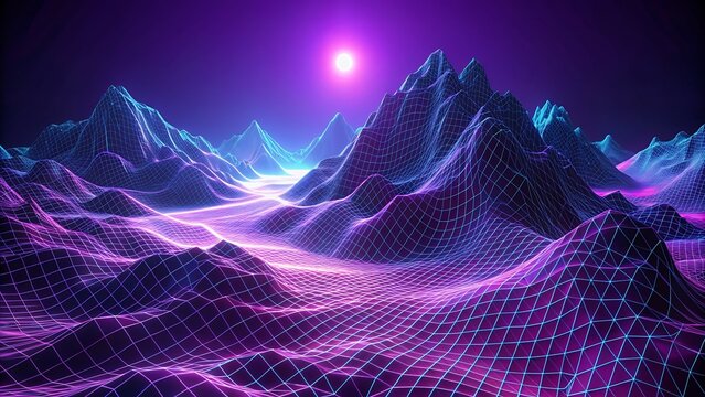 Dive into a virtual dreamscape with this captivating 3D wallpaper. Neon wireframes trace the outline of unreal mountains against a mesmerizing violet background, creating a futuristic and captivating 