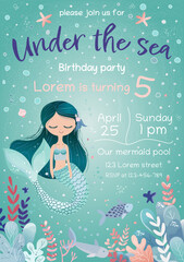 Childrens birthday invitation card. Under the sea party, little mermaid. Vector illustration