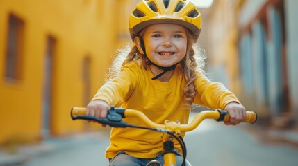  A child in a yellow shirt and helmet rides a bike along a yellow-hued street, surrounded by buildings with similar hues