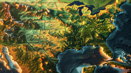 Another view of a detailed 3D relief map of the United States, emphasizing the diverse topography with realistic textures and depths.