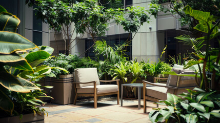 Fototapeta premium A quaint urban courtyard featuring plush outdoor furniture and lush green plants, creating a serene and inviting pocket of nature amidst the city.