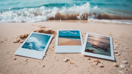 photo frames on beach, photos on beach, A close-up of three summer vacation photos on a beach sandy surface