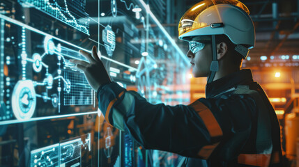 An engineer in protective gear operates a comprehensive holographic interface in an advanced industrial environment, showcasing cutting-edge technology.