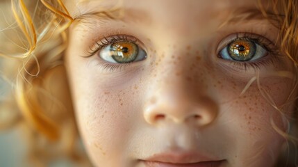 Fototapeta premium A tight shot of a child's face adorned with freckles, including those around the eyes
