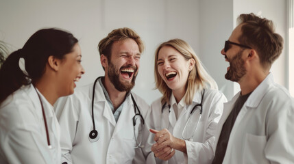 Fototapeta premium A group of doctors laughing heartily, wearing white coats with stethoscopes around their necks, sharing a moment of joy in a bright, modern clinic.