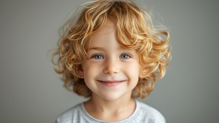 Naklejka premium A tight shot of a child's smiling face, featuring blonde hair and blue eyes