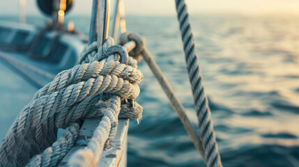 Close-up of a knotted rope on a sailboat's railing with the serene ocean in the background, capturing the essence of nautical life.