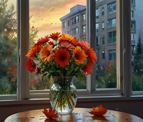 Flora, A bouquet of autumn flowers without a vase lie on a table near the window, small autumn leaves of red and green colors are falling outside the window, windy, rain on the glass, highly detailed 