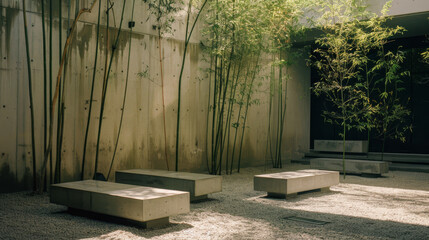 A serene bamboo garden with concrete benches, exuding calm and tranquility in a minimalist outdoor setting.