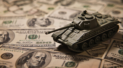 A toy tank sits atop a pile of dollar bills, symbolizing the complex interplay between economic power and military might in contemporary society.