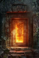 Ancient Temple Portal. A frame of weathered stone with ancient carvings and runes. The center is a mystical, glowing doorway.