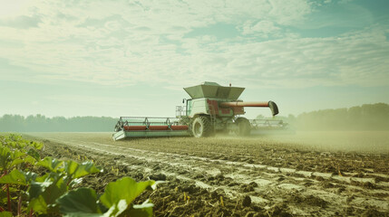 Naklejka premium A massive combine harvester works tirelessly in a vast field under the clear sky, embodying modern agriculture and the hard work of the farming community.