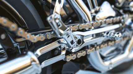 Obraz premium Close-up of a chrome motorcycle chain, showcasing the intricate details of the mechanics.