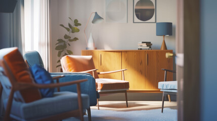 Sunlit modern living room with retro furniture, where warm light floods mid-century chairs and a wooden sideboard adorned with books and trinkets.