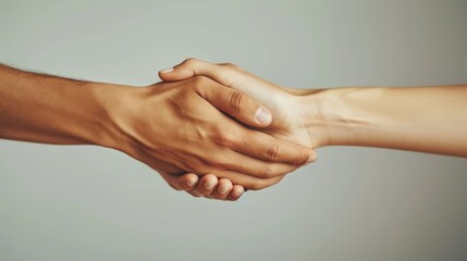  A person closely shaking hands against a light gray backdrop Wall nearby is also light gray
