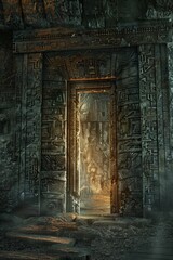 Obraz premium Ancient Temple Portal. A frame of weathered stone with ancient carvings and runes. The center is a mystical, glowing doorway.