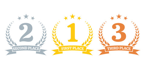 Laurel wreath award set. Winner, prize icons with First, Second And Third place. Gold, silver and bronze medal concept. Vector illustration.