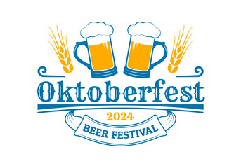 Oktoberfest logo, label or badge with beer mug, cheers icon. Octoberfest, German beer festival poster or banner design. Vector illustration.
