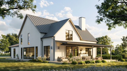 Beautiful modern farmhouse set amidst lush greenery, with a spacious porch and large windows under a clear blue sky, exuding warmth and comfort.