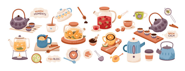 Various types of tea set. Accessories for a tea party. Teapots, teacups, and infusers for traditional and cozy tea drinking. Flat vector illustration