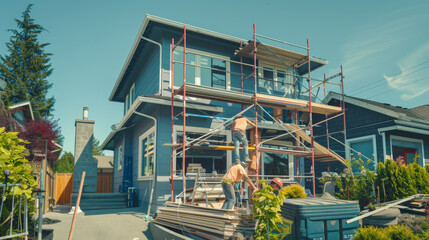 Fototapeta premium A vibrant new house under construction on a sunny day, surrounded by scaffolding, with workers busy and greenery enhancing the scene.