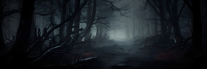 Mysterious Eerie Forest under the Menacing Overcast Sky - A Scene from the Nightmare or Fairy Tales